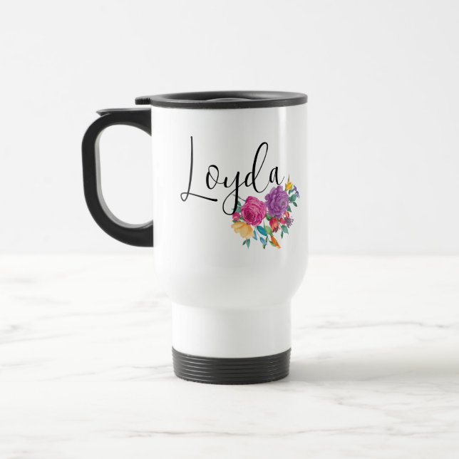 Personalized Name Bright Fiesta Floral Travel Mug (Left)