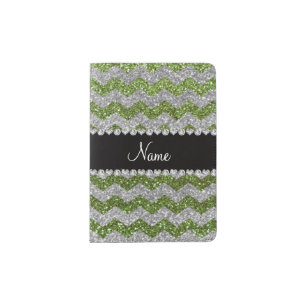 Personalized name bright green glitter chevrons passport holder