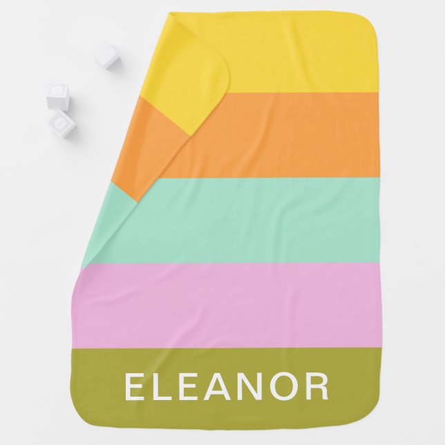 Personalized Name Bright Pastel Stripes Cute Pink Baby Blanket (In Situ)