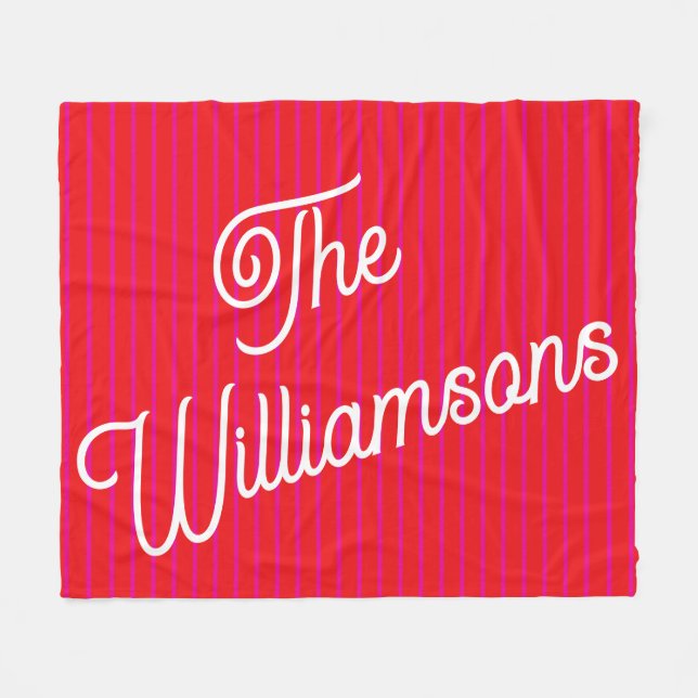 Personalized Name Bright Pink Red Stripe Christmas Fleece Blanket (Front (Horizontal))