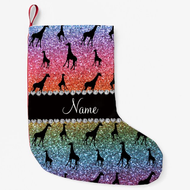 Personalized name bright rainbow glitter giraffes small christmas stocking (Front)
