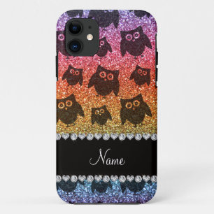 Personalized name bright rainbow glitter owls iPhone 11 case