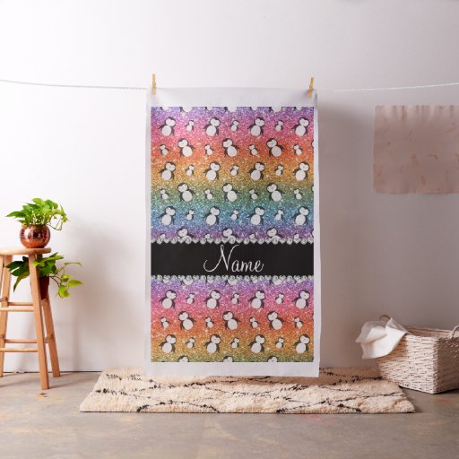 Personalized name bright rainbow glitter penguins fabric