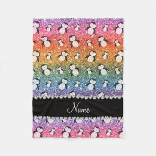 Personalized name bright rainbow glitter penguins fleece blanket
