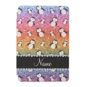 Personalized name bright rainbow glitter penguins iPad mini cover