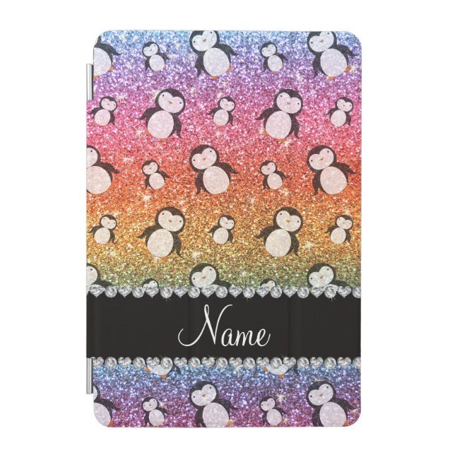 Personalized name bright rainbow glitter penguins iPad mini cover (Front)