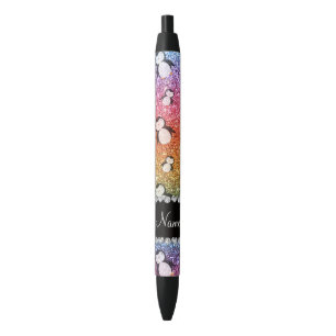 Personalized name bright rainbow glitter penguins pen