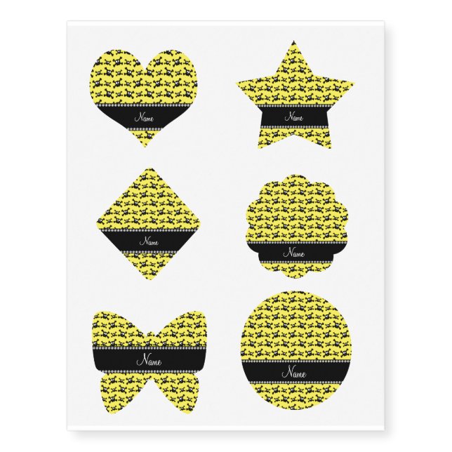 Personalized name bright yellow skulls pattern temporary tattoos (Front)