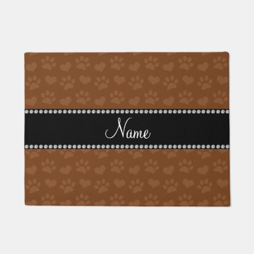 Personalized name brown hearts and paw prints doormat