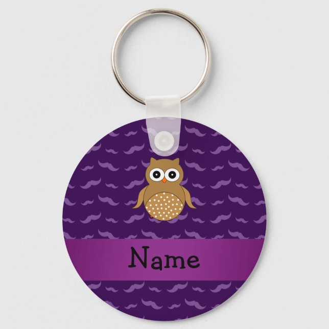 Personalized name brown owl purple mustaches keychain (Front)