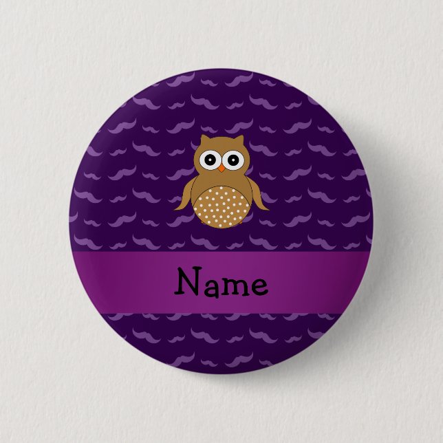 Personalized name brown owl purple mustaches pinback button (Front)