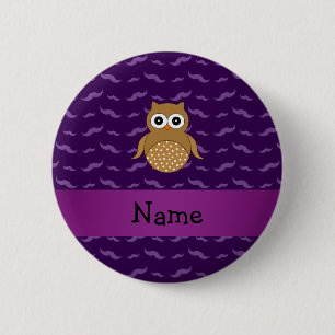 Personalized name brown owl purple mustaches pinback button
