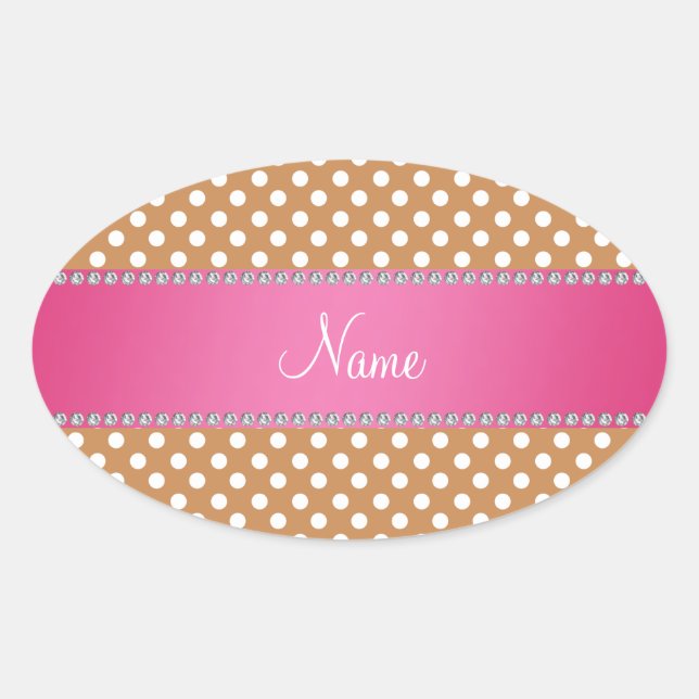Personalized name brown polka dots pink stripe oval sticker (Front)