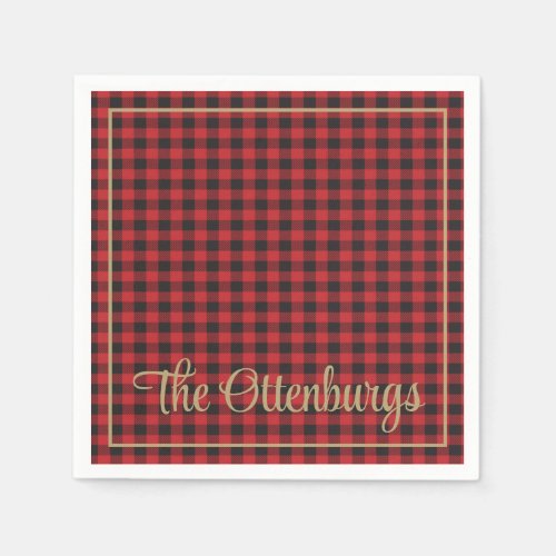 Personalized Name Buffalo Plaid Red Rustic Party Napkins