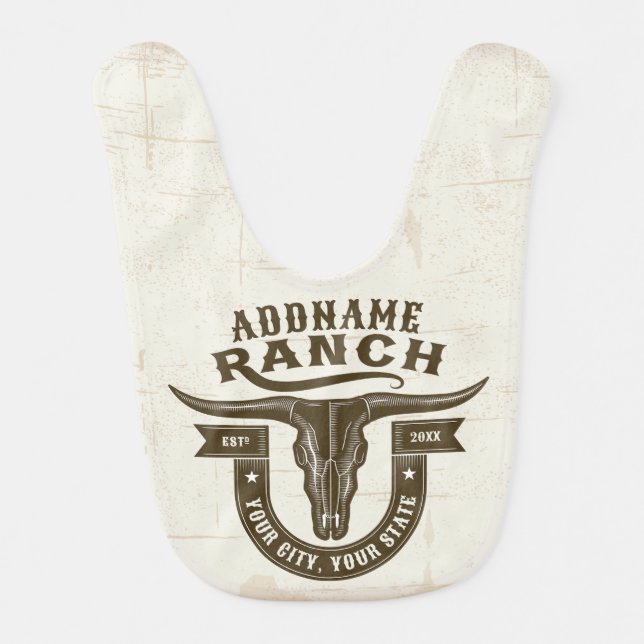 Personalized NAME Bull Steer Skull Western Ranch Baby Bib (Front)