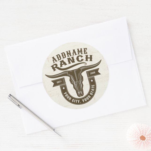 Personalized NAME Bull Steer Skull Western Ranch Classic Round Sticker (Envelope)