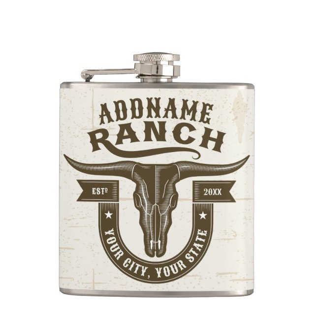Personalized NAME Bull Steer Skull Western Ranch Flask (Front)