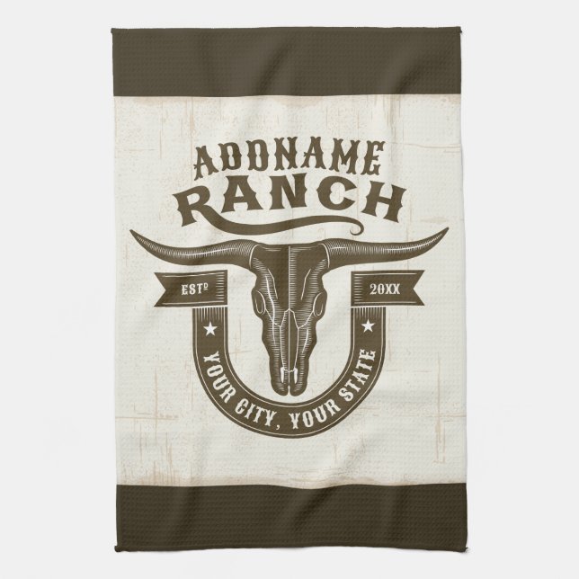 Personalized NAME Bull Steer Skull Western Ranch Kitchen Towel (Vertical)