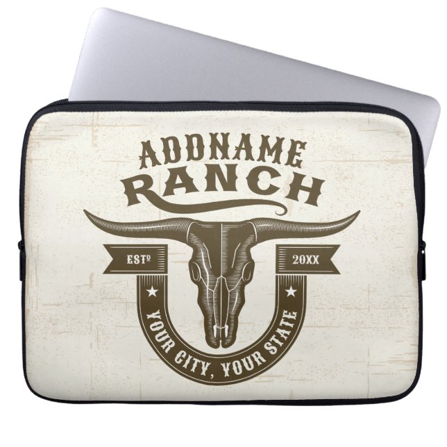 Personalized NAME Bull Steer Skull Western Ranch Laptop Sleeve (Front)