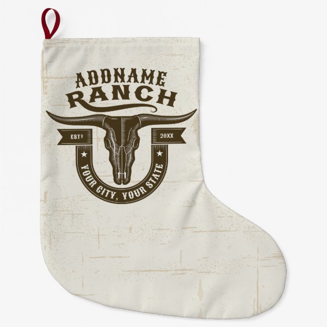 Personalized NAME Bull Steer Skull Western Ranch Large Christmas Stocking (Front)