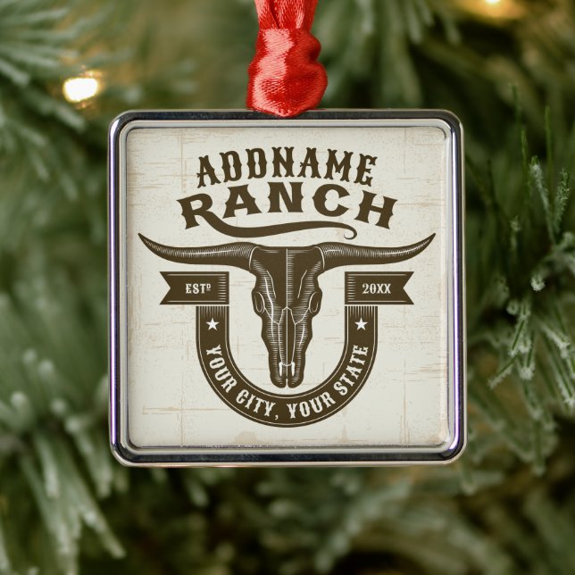 Personalized NAME Bull Steer Skull Western Ranch Metal Ornament (Tree)