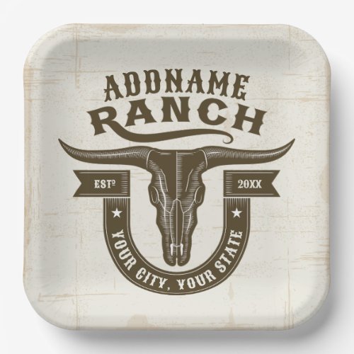 Personalized NAME Bull Steer Skull Western Ranch Paper Plates