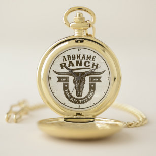 Personalized NAME Bull Steer Skull Western Ranch Pocket Watch