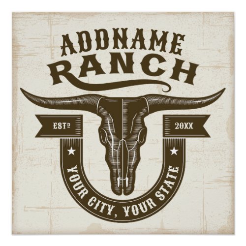 Personalized NAME Bull Steer Skull Western Ranch Poster