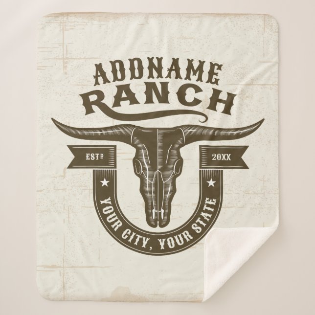 Personalized NAME Bull Steer Skull Western Ranch Sherpa Blanket (Front)