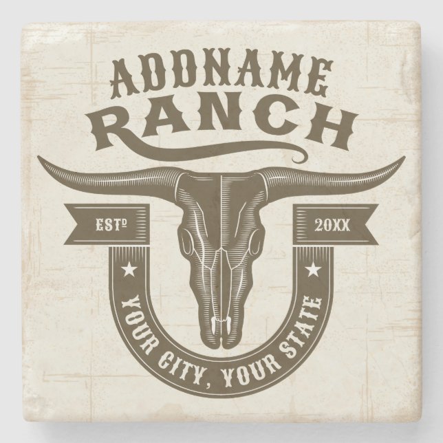 Personalized NAME Bull Steer Skull Western Ranch Stone Coaster (Front)