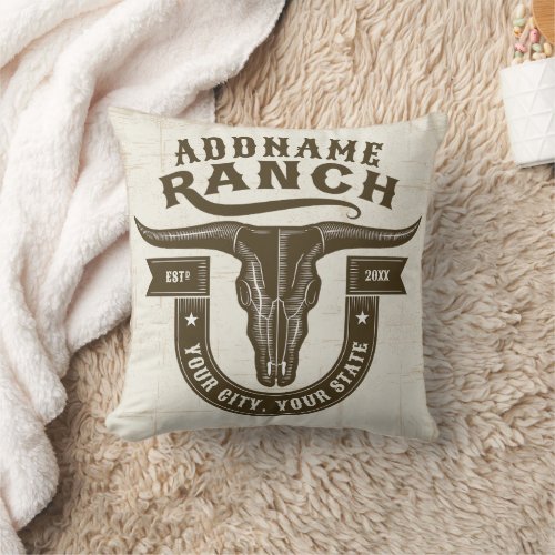 Personalized NAME Bull Steer Skull Western Ranch Throw Pillow