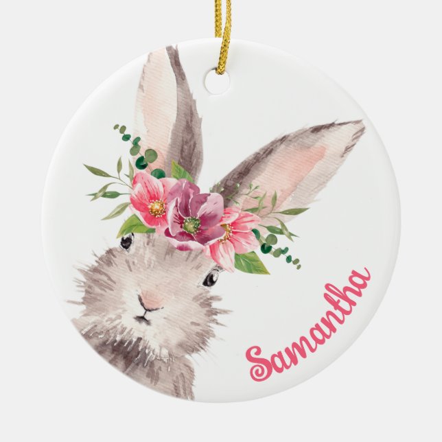 Personalized Name Bunny Rabbit Girl pink Ceramic Ornament (Front)