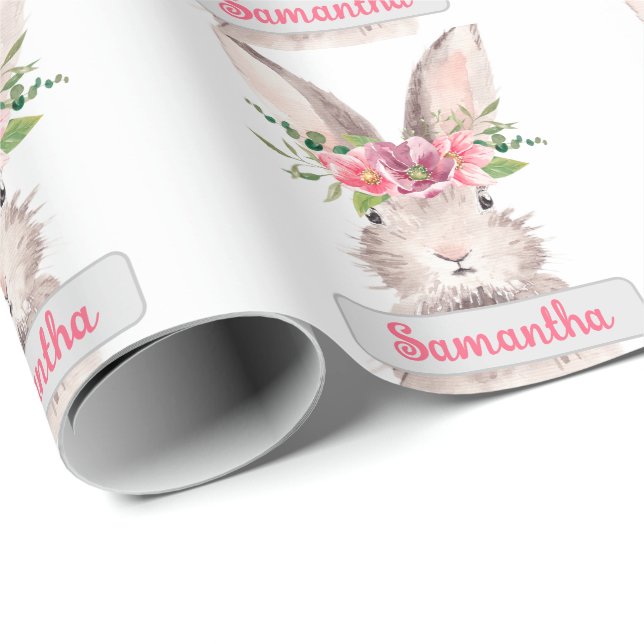 Personalized Name Bunny Rabbit Girl pink Wrapping Paper (Roll Corner)