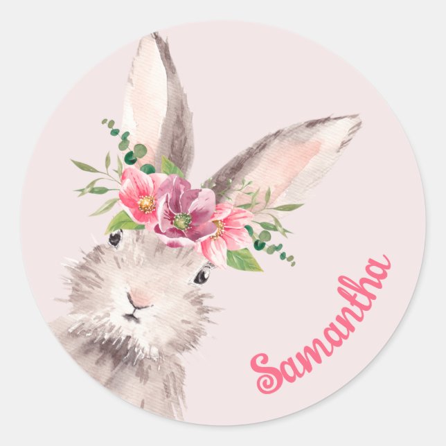 Personalized Name Bunny Rabbit pink handwritten  Classic Round Sticker (Front)