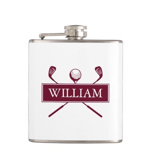 Personalized Name Burgundy Clubs And Ball Flask