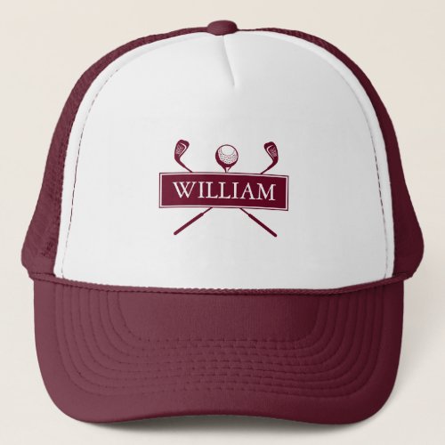Personalized Name Burgundy Golf Ball And Clubs Trucker Hat
