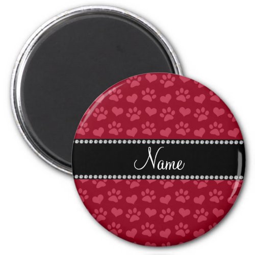 Personalized name burgundy red hearts and paw prin magnet
