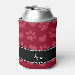 Personalized name burgundy red hearts and paws can cooler