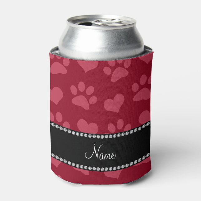 Personalized name burgundy red hearts and paws can cooler (Can Front)