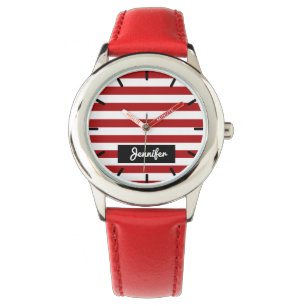 Personalized Name Burgundy Red Solid Stripes Girls Watch