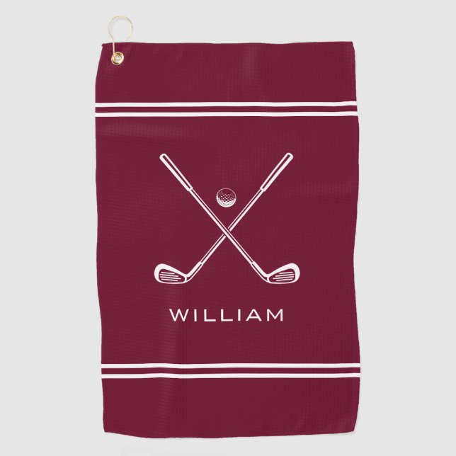 Personalized Name Burgundy Red Stripes Stylish Golf Towel (Front)
