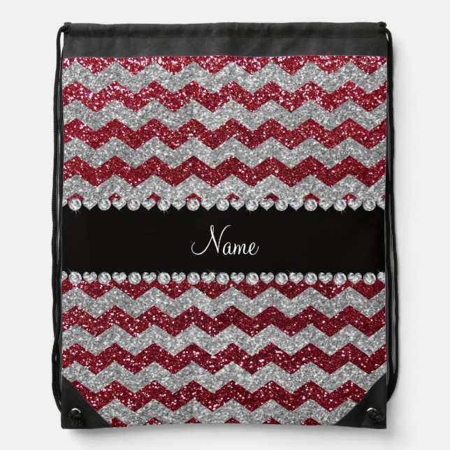 Personalized name burgundy silver glitter chevrons drawstring bag (Front)
