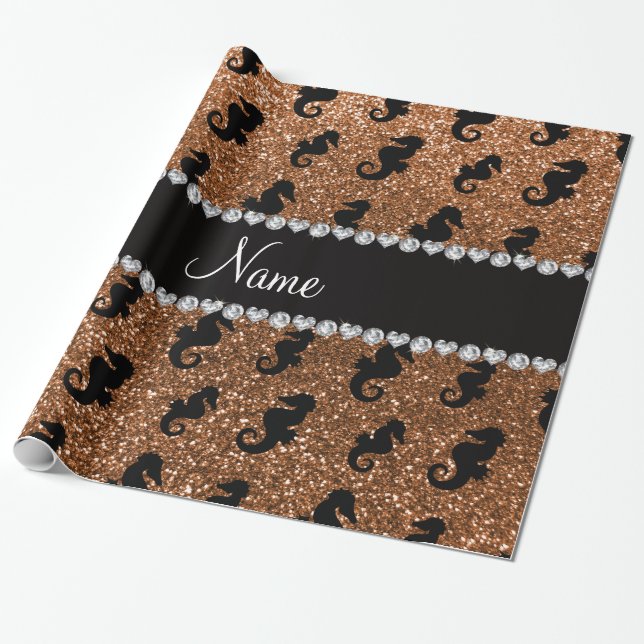Personalized name burnt gold glitter seahorses wrapping paper (Unrolled)