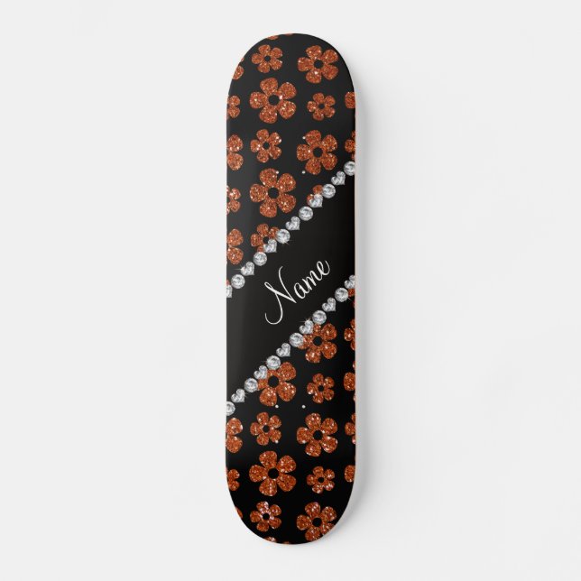 Personalized name burnt orange glitter flowers skateboard deck (Front)