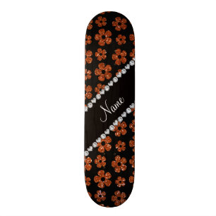 Personalized name burnt orange glitter flowers skateboard deck