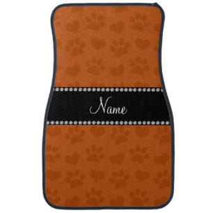 Personalized name burnt orange hearts and paw car mat