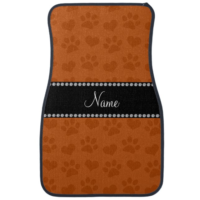 Personalized name burnt orange hearts and paw car mat (Front)