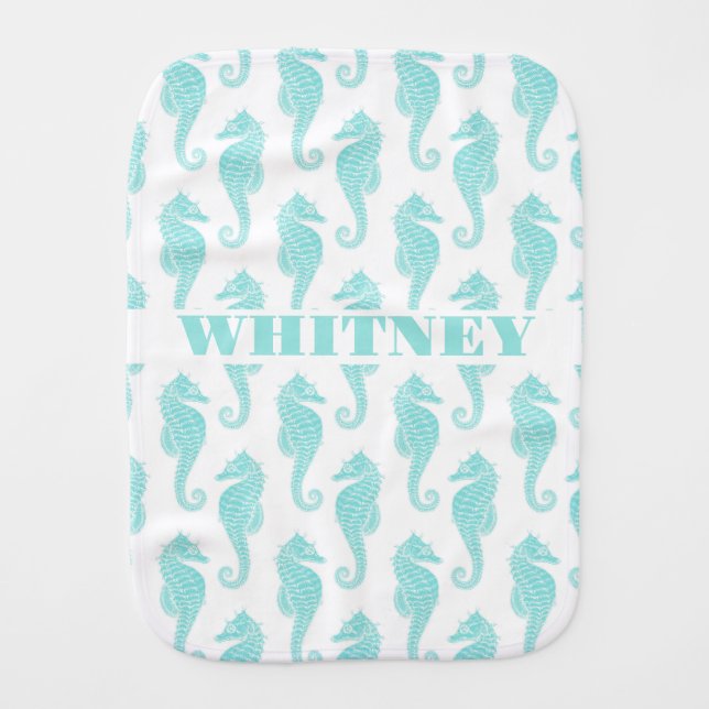 Personalized Name Burp Cloth - Teal Seahorse (Front)
