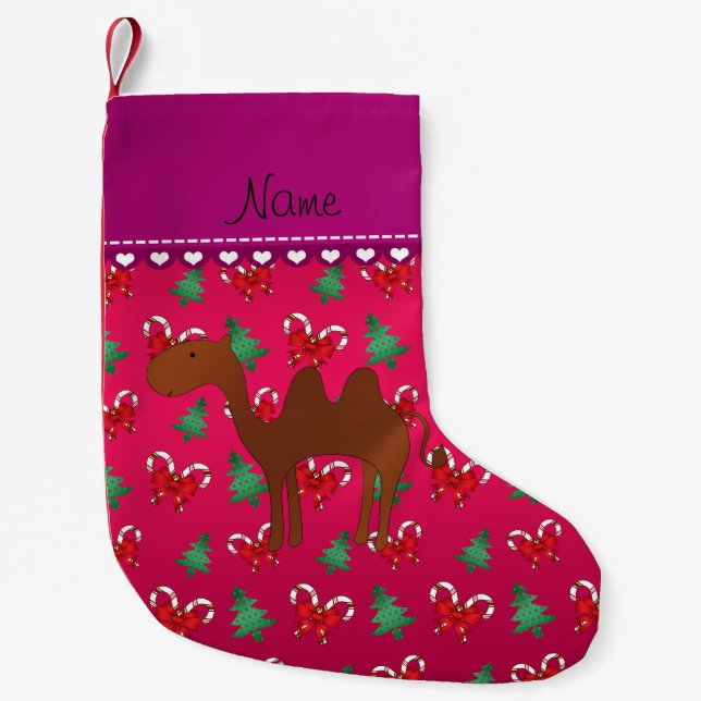 Personalized name camel magenta candy canes bows small christmas stocking (Front)