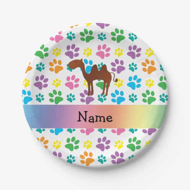 Personalized name camel rainbow paws paper plates (Front)